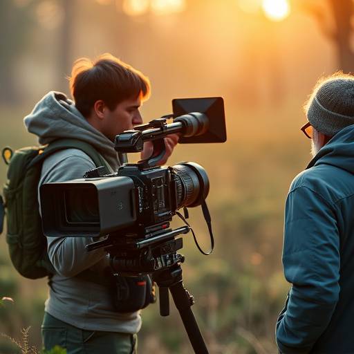 A film crew shooting a documentary in nature
