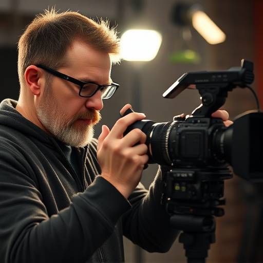 Cinematography instructor Ben Carter adjusting a camera lens, looking focused.