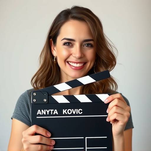 Experienced directing instructor Anya Kovic, smiling and holding a clapperboard.