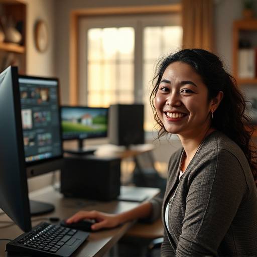 Film editing instructor Maria Rodriguez smiling in front of an editing workstation.