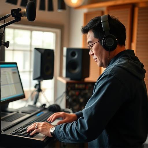 Sound design instructor David Lee working with audio equipment in a studio.